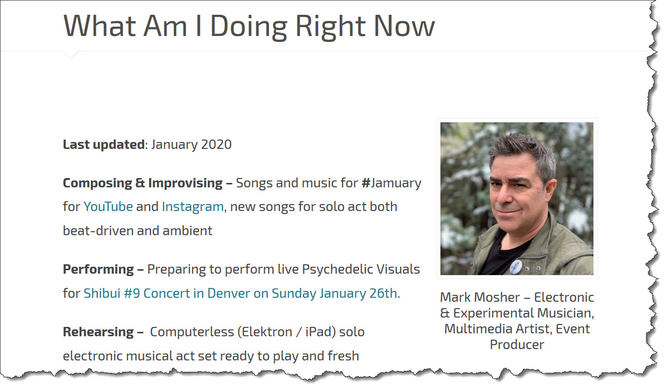 January Artist News: Doing Visuals tonight, Studio Update, New “Events” Category and “Now” Page…