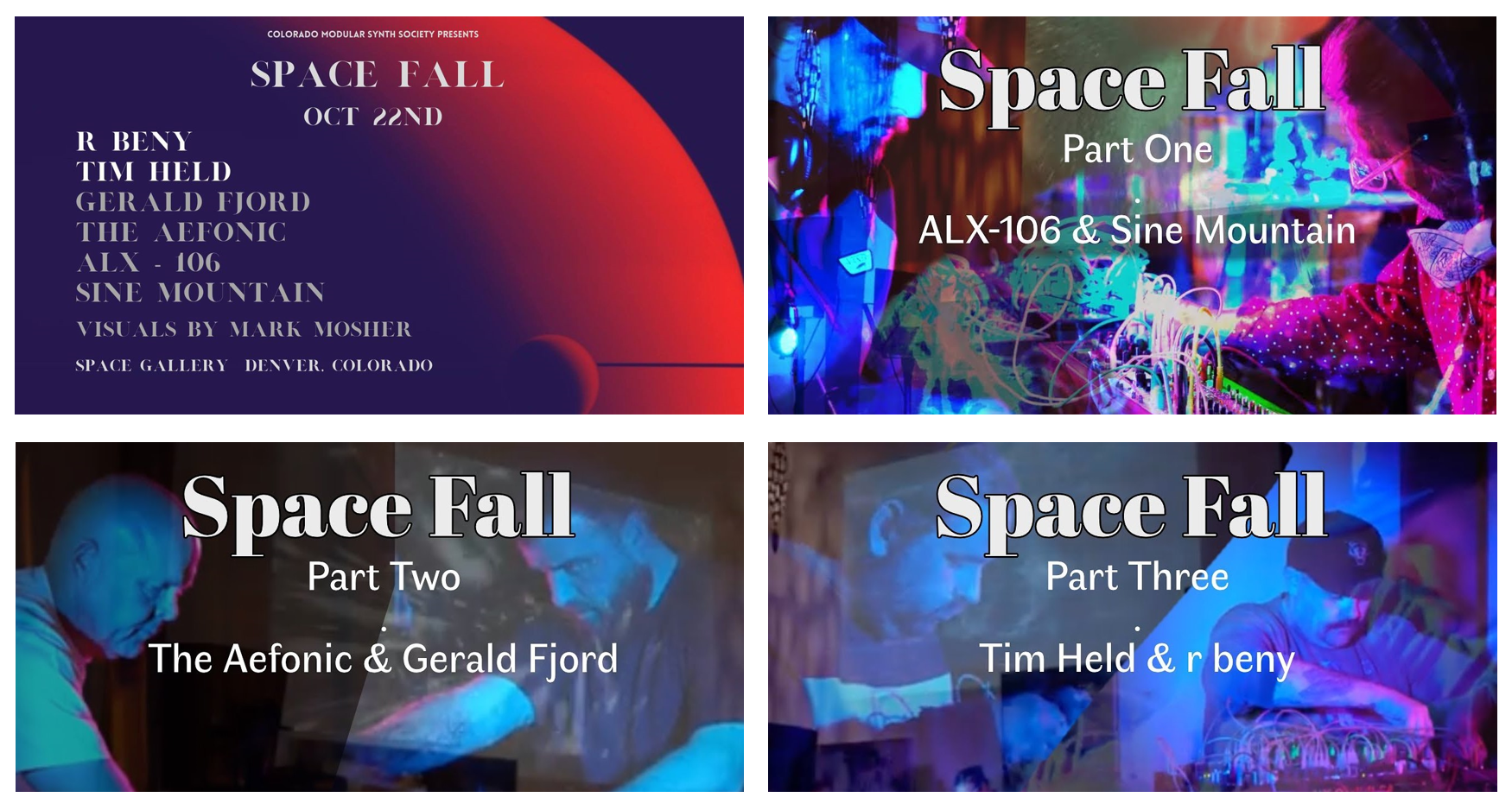 Full Video Replay of Space Fall Concert in 3 Parts with Multiple Angles and Visuals. Featuring:  r beny, Tim Held, The Aefonic, Gerald Fjord, ALX-106 and Sine Mountain with Visuals by Mark Mosher